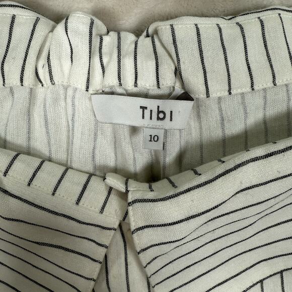 Tibi Frederic Off Shoulder Top Cotton Button Striped Beige Gray Women’s Size 10 - Picture 4 of 9